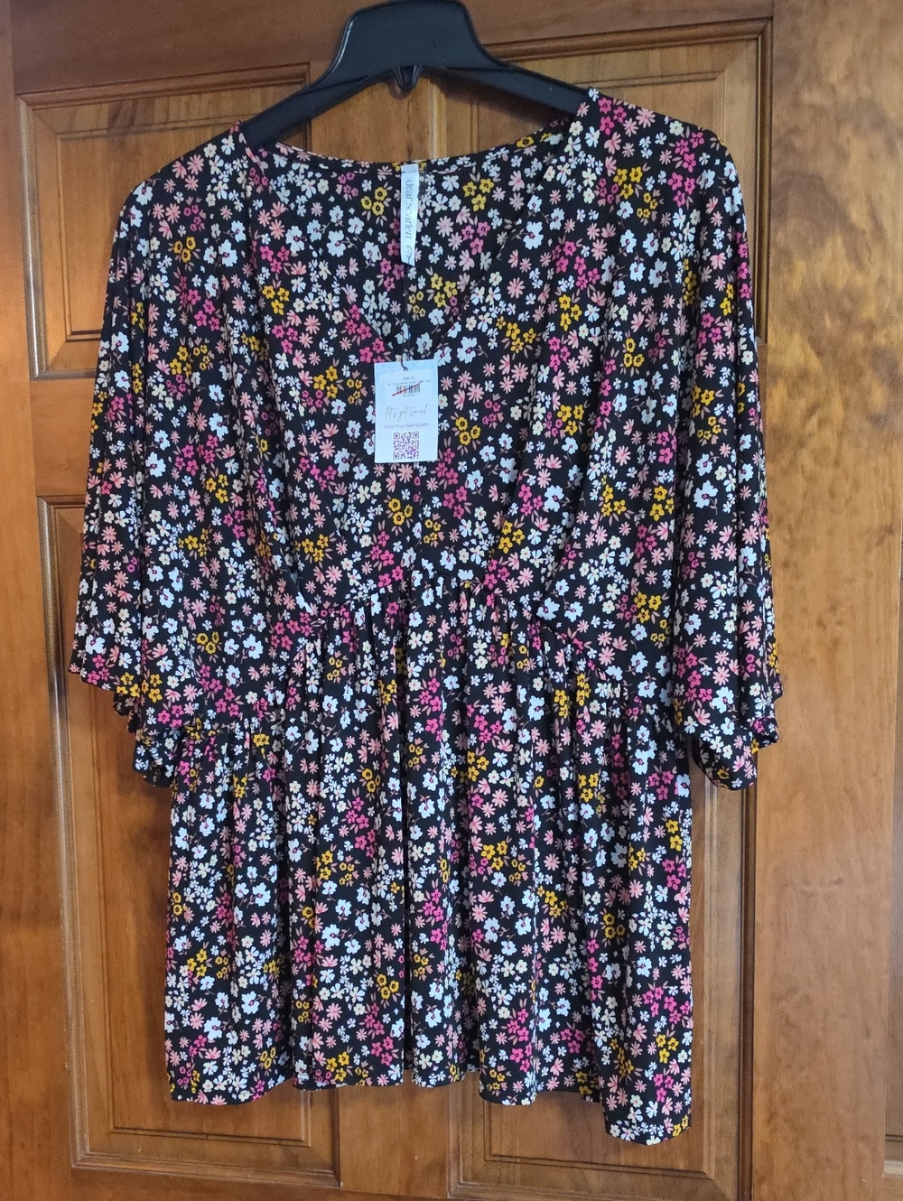 Black Floral Tiered Blouse with Pink & Yellow Blooms